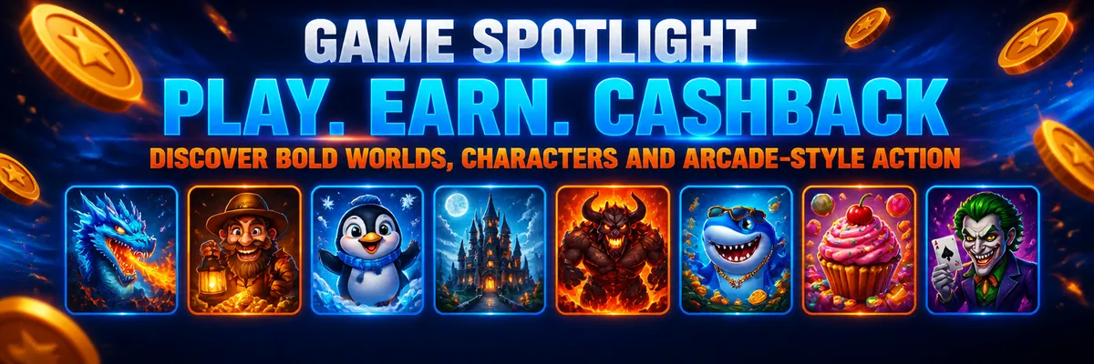 Wide blue and orange games banner with fantasy castles, cartoon creatures, grinning characters and floating casino coins